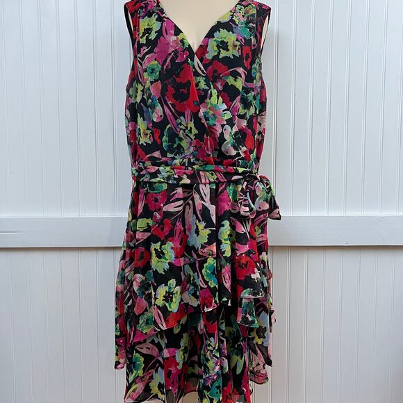 Tahari Plus Size 16W Sleeveless Floral Wrap Dress Ruffle Tiered Hem Bright Fun - Picture 3 of 11